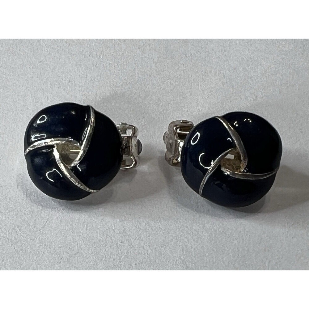 Vintage Navy Blue Enamel & Silver Tone Clip-On Earrings Round Knot Design 1/2"